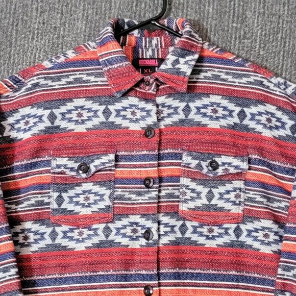 Rock & Roll Denim Shirt Womens XL Red White Blue Aztec Button Up Jacket Shacket - Picture 2 of 14